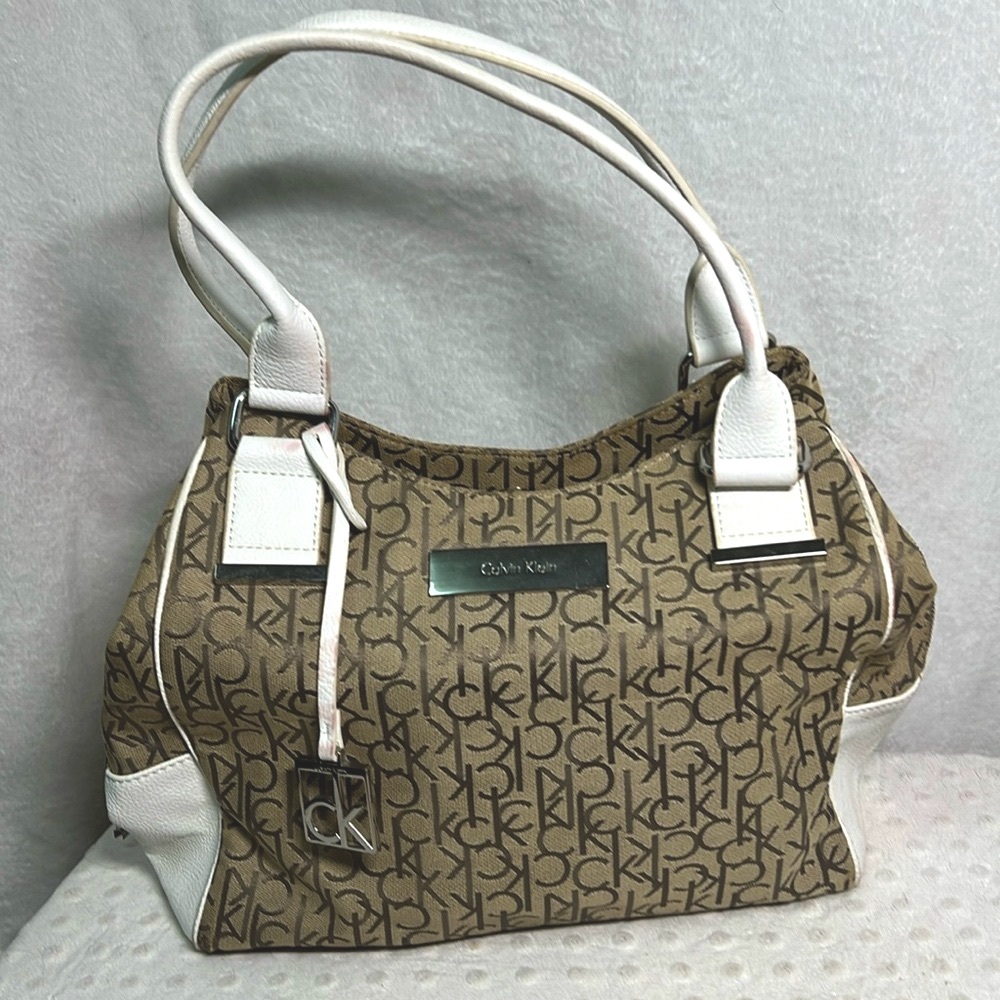 Calvin Klein Tan and White Monogrammed Medium Tote Shoulder Purse with Pockets
